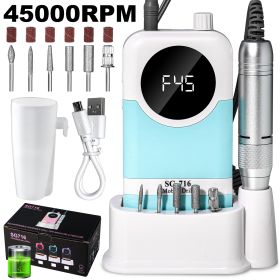 Electric Nail Drill Professional Kit - 45000RPM Portable Nail File Electric E File With 6 Bits & Base-LED Screen-Ultra-Silent, Rechargeable Nail (Color: Blue)