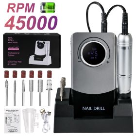 Electric 45000RPM Nail Drill Machine Rechargeable Portable Nail File Electric DIY Nail Drill Kit With Smart LCD Screen For Gel Nail Manicure And (Color: Gray)