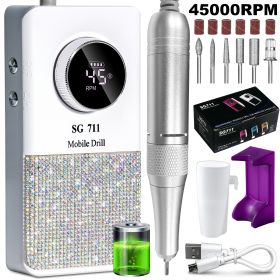 Professional Electric Cordless Nail Drill File-Glitter Portable Cordless E-File Nail Drill Kit With 6 Drill Bits 45000RPM Rechargeable Nail Drill (Color: White)