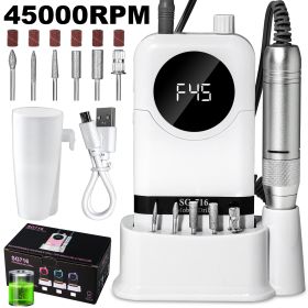 Electric Nail Drill Professional Kit - 45000RPM Portable Nail File Electric E File With 6 Bits & Base-LED Screen-Ultra-Silent, Rechargeable Nail (Color: White)