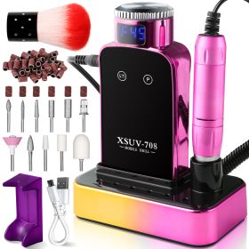 Professional Electric Nail Drill, 45000 RPM Cordless Rechargeable E-File Machine, With 12 Bits, Sanding Bands, LCD Display For Acrylic Gel Nails (Color: Pink)