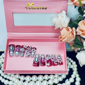GGddsha Vermilion Duck Nails Medium Square Fake Nailswith Stars Butterflies Snake Designs Handmade Pmmaacrylic Glossy Reusable Fake NailsScarlet (Option: L)