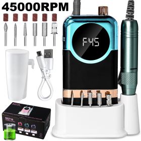 Electric Nail Drill Professional Kit - 45000RPM Portable Nail File Electric E File With 6 Bits & Base-LED Screen-Ultra-Silent, Rechargeable Nail (Color: Green)