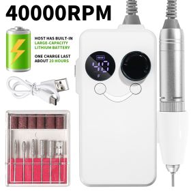 40000RPM Nail Drill Professional Cordless Electric Nail Drill Machine Rechargeable Portable Acrylic Gel Grinder Tools With 6 Bits And Sanding Ban (Color: White)