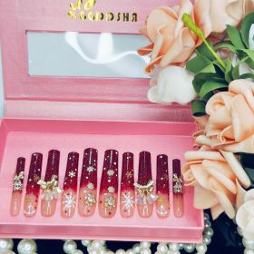 GGddsha Long Handmade PMMA Acrylic Nails Red WithSnowflake Rhinestone Bell Design Reusable Full CoverageFalse Nail Ladies False Nail Set,Lumiere (Option: L)