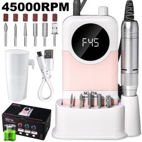 Electric Nail Drill Professional Kit - 45000RPM Portable Nail File Electric E File With 6 Bits & Base-LED Screen-Ultra-Silent, Rechargeable Nail (Color: Pink)