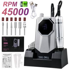 45000RPM Professional Portable Nail Drill Cordless Low Noise Nail Filer Electric Machine With Efile Bits & Base For Acrylic Nails, Electric Nail (Option: Gray)